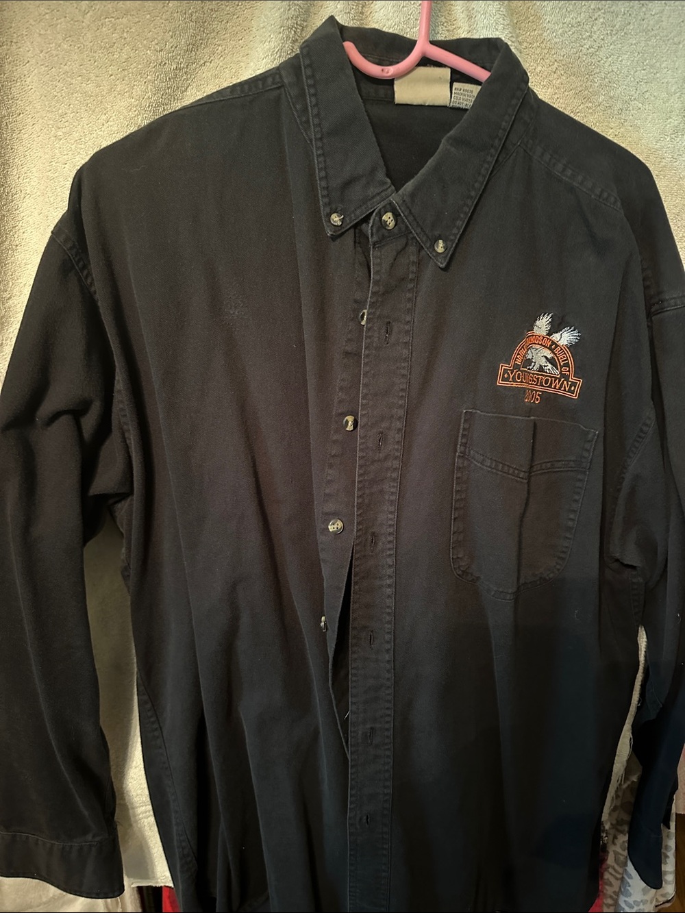 Men's Black Long-Sleeve Button-Down Shirt with Embroidered Chest Logo